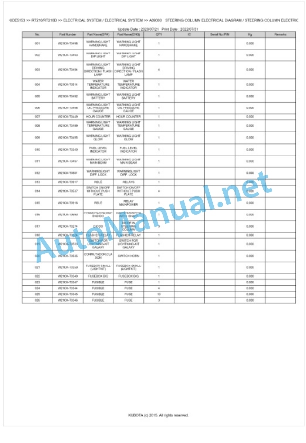 Kubota RT210, RT210D Parts Manual PDF BKIDE5153-5