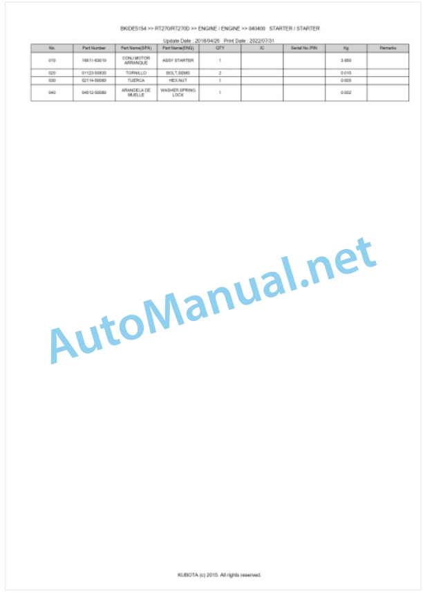 Kubota RT270, RT270D Parts Manual PDF BKIDE5154-2