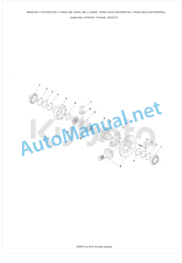 Kubota RT270, RT270D Parts Manual PDF BKIDE5154-3