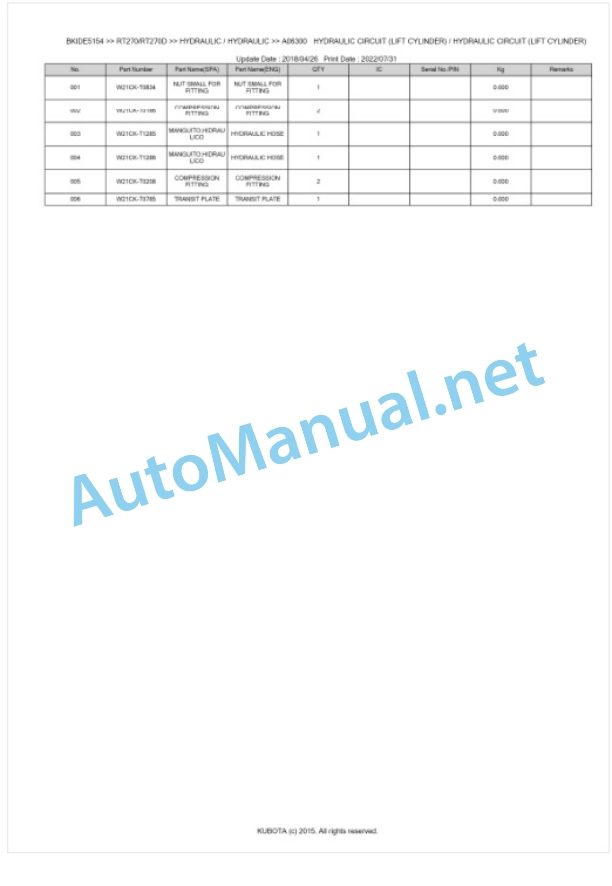 Kubota RT270, RT270D Parts Manual PDF BKIDE5154-4