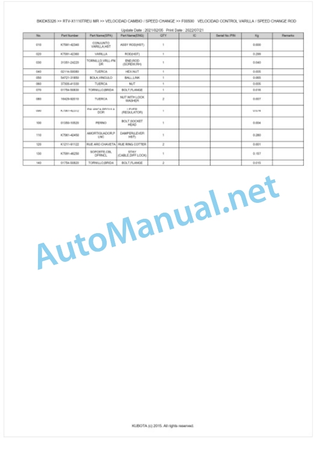 Kubota RTV-X1110TWEU, RTV-X1110TREU Parts Manual PDF BKIDK5326-3