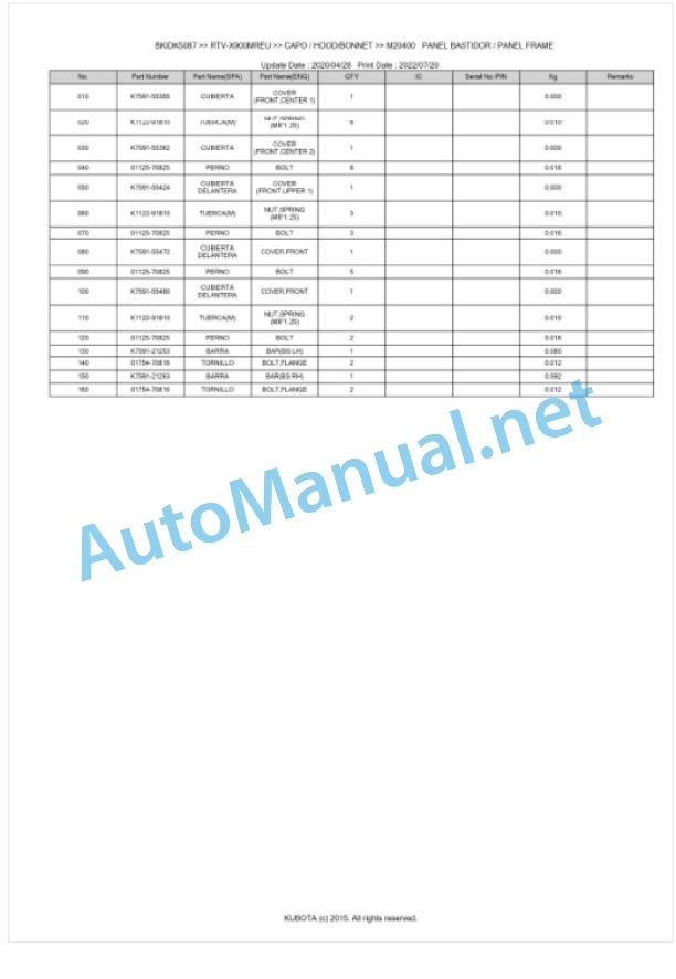 Kubota RTV-X900MWEU, RTV-X900MREU Parts Manual PDF BKIDK5078-5