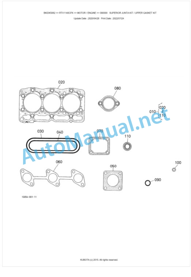 Kubota RTV1140CPX, RTV1140CPXR Parts Manual PDF BKIDK5062-2