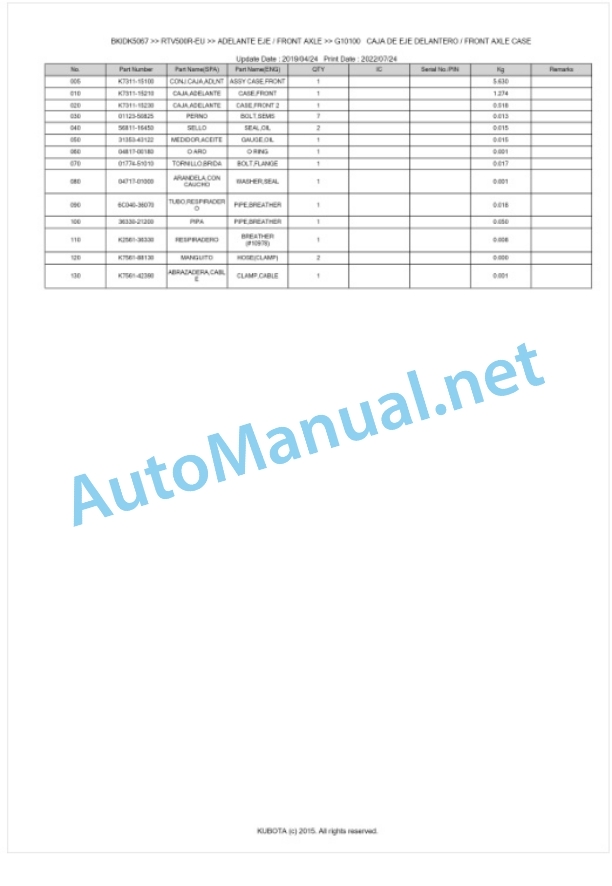 Kubota RTV500G, RTV500R Parts Manual PDF BKIDK5067-4