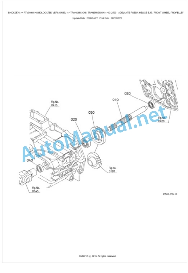 Kubota RTV900 Homologated Version Parts Manual PDF BKIDK0576-3