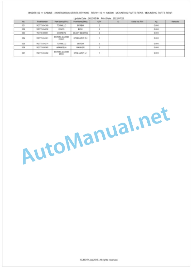 Kubota RTVX900, RTVX1110 Series CABINE Parts Manual PDF BIKDE5102-2