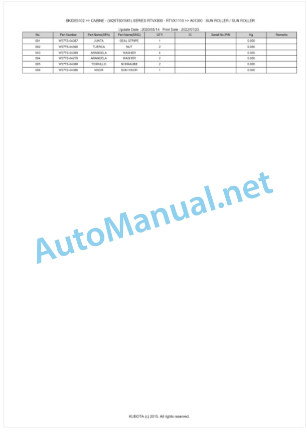 Kubota RTVX900, RTVX1110 Series CABINE Parts Manual PDF BIKDE5102-5