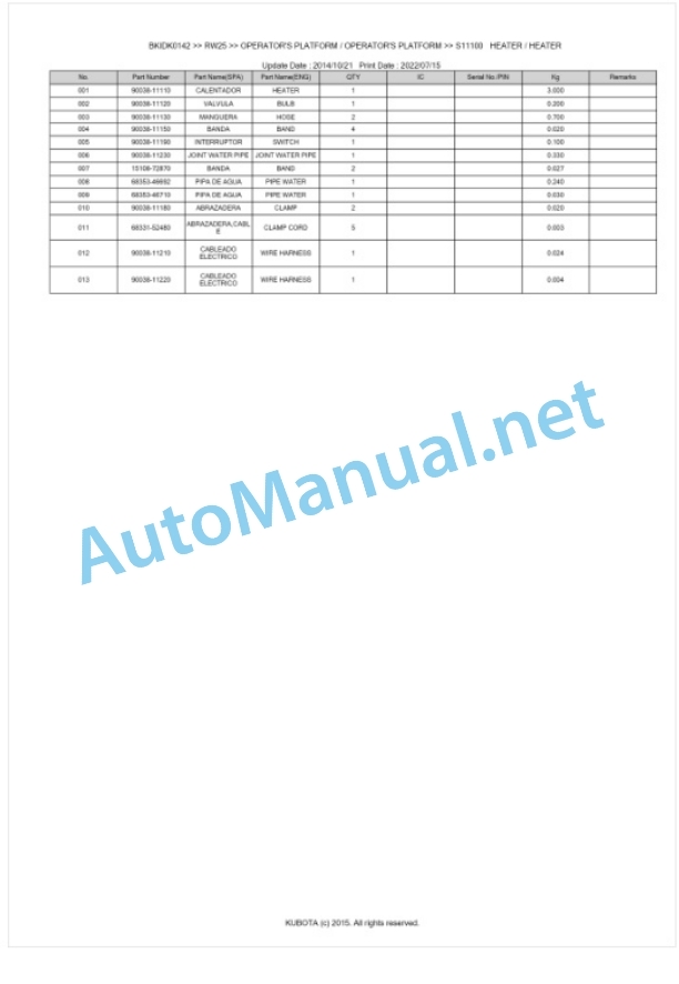 Kubota RW25 Parts Manual PDF BKIDK0142-5