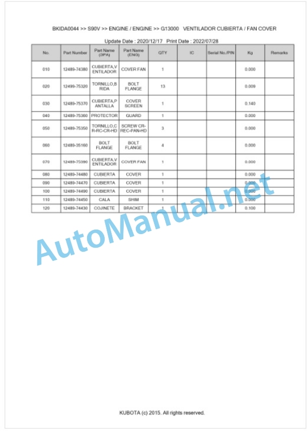 Kubota S90V Parts Manual PDF BKIDA0044-3