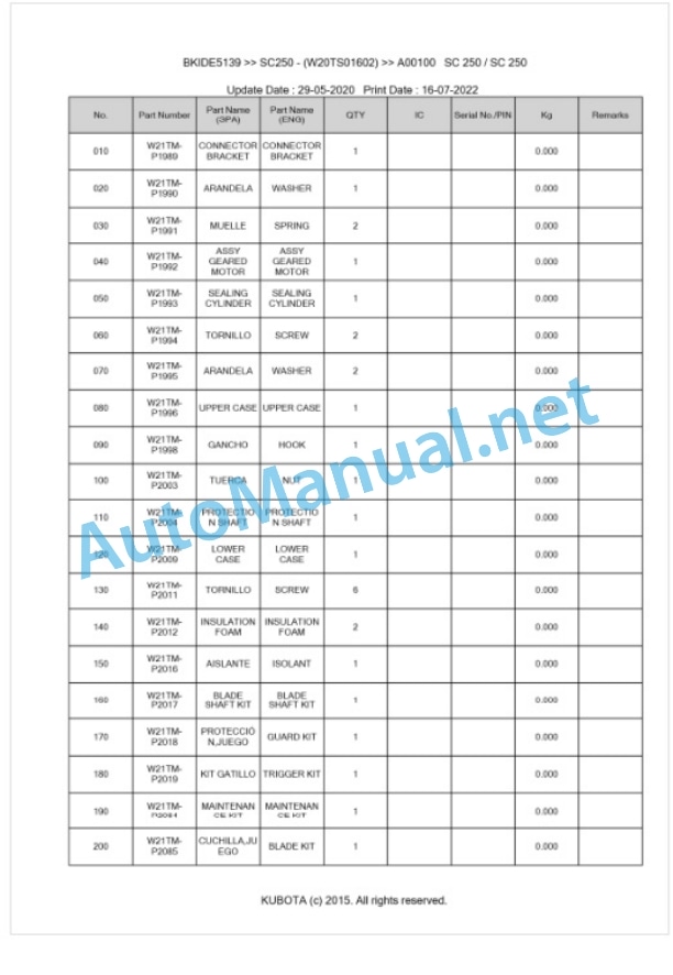 Kubota SC250 Parts Manual PDF BKIDE5139-2