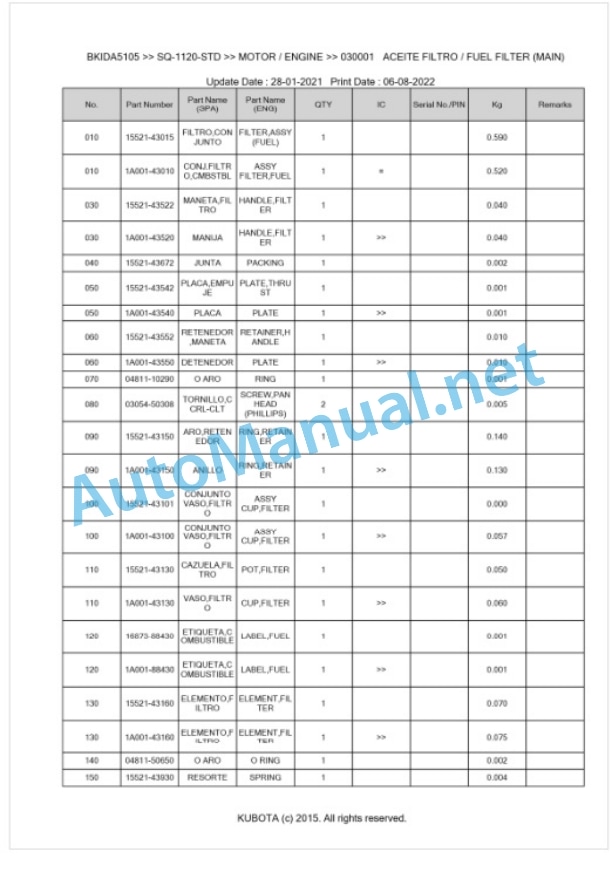 Kubota SQ-1120-STD Parts Manual PDF BKIDA5105-3