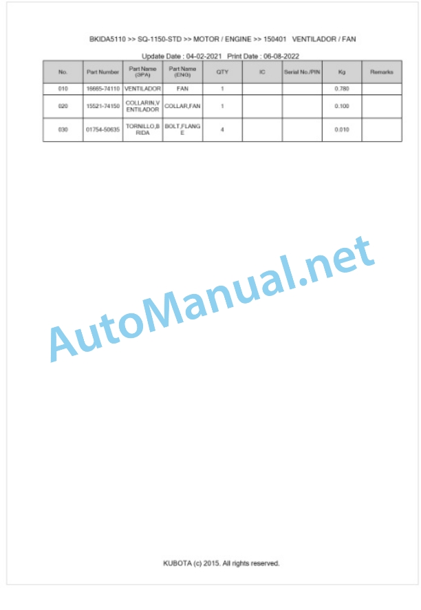 Kubota SQ-1150-STD Parts Manual PDF BKIDA5110-4