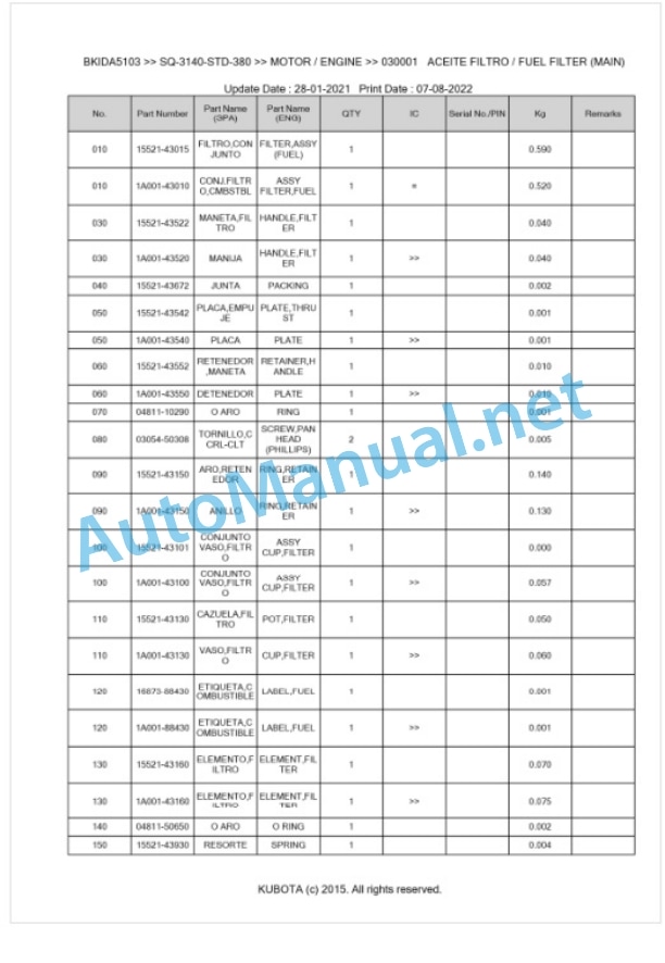 Kubota SQ-3140-STD-380 Parts Manual PDF BKIDA5103-3