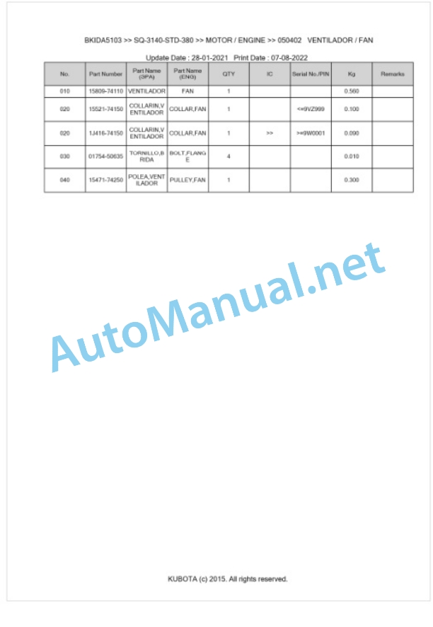 Kubota SQ-3140-STD-380 Parts Manual PDF BKIDA5103-4