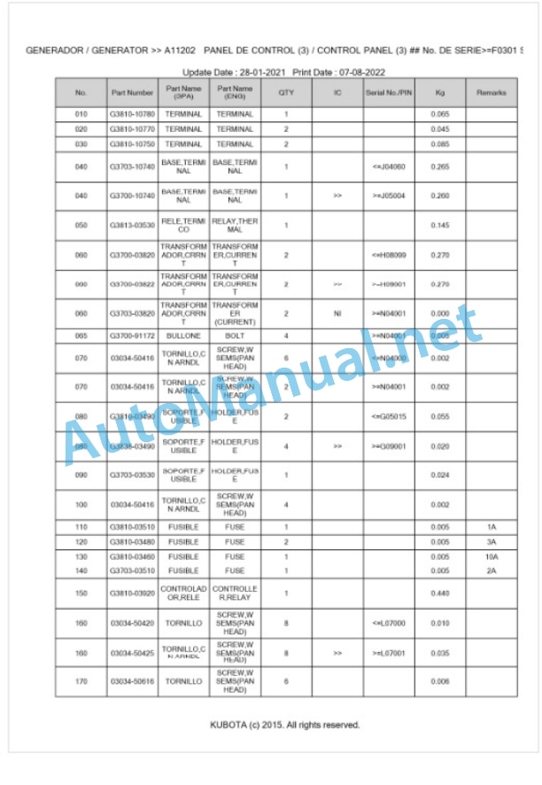 Kubota SQ-3140-STD-380 Parts Manual PDF BKIDA5103-5