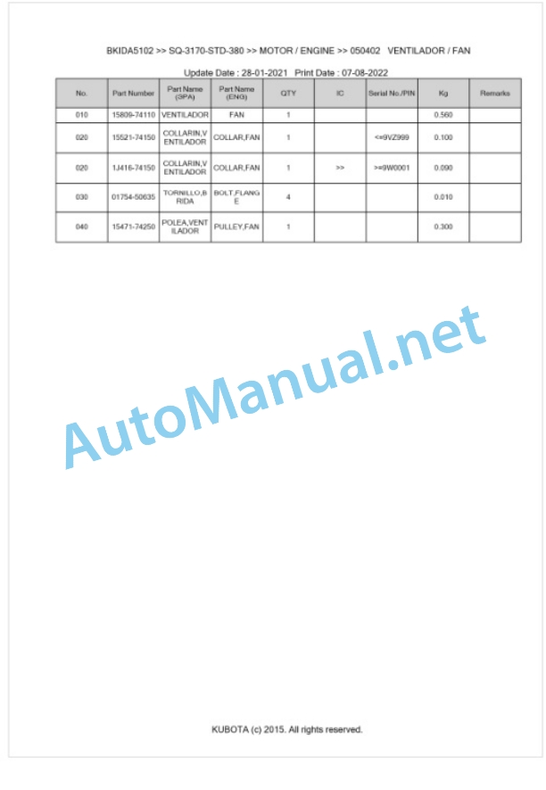 Kubota SQ-3170-STD-380 Parts Manual PDF BKIDA5102-4