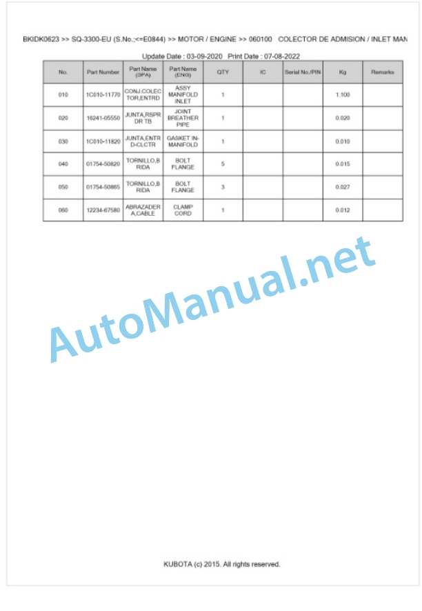 Kubota SQ-3300-EU Parts Manual PDF BKIDK0623-4