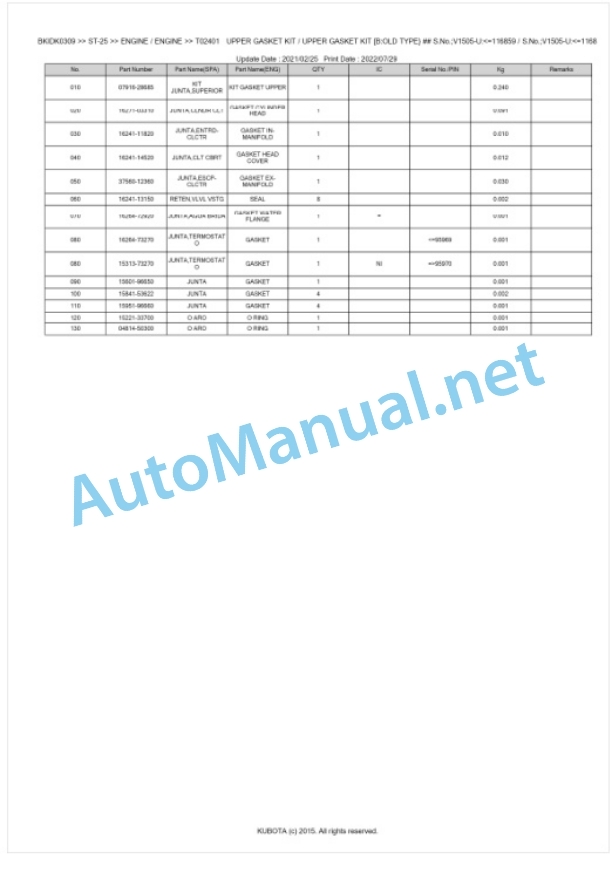 Kubota ST-25 Parts Manual PDF BKIDK0309-2