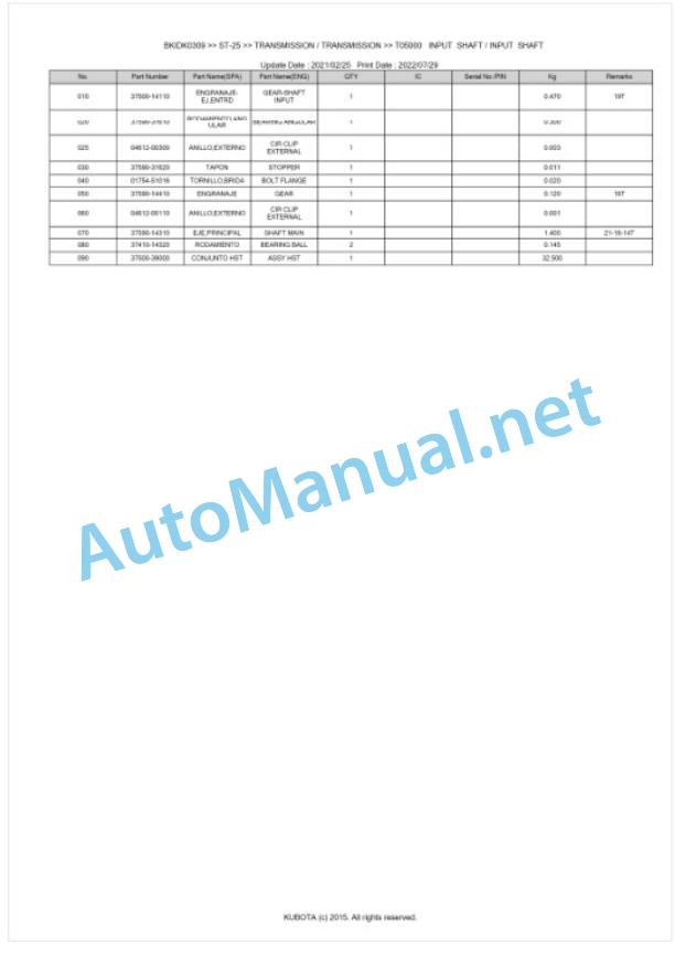 Kubota ST-25 Parts Manual PDF BKIDK0309-3