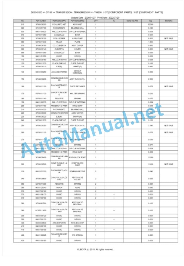 Kubota ST-30 Parts Manual PDF BKIDK0310-3