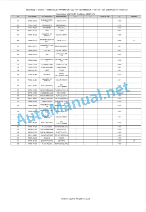 Kubota ST341, ST371, ST401 Parts Manual PDF BKIDK5306-3