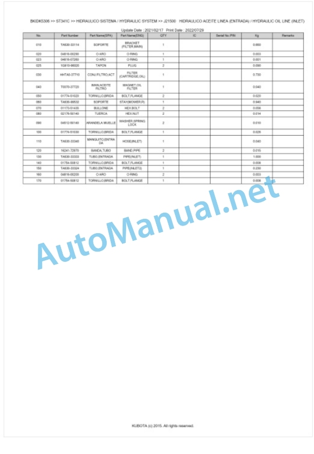 Kubota ST341, ST371, ST401 Parts Manual PDF BKIDK5306-4