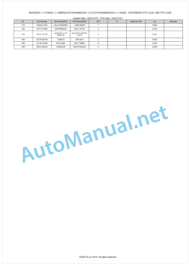 Kubota STW34, STW37, STW40 Parts Manual PDF BKIDK5081-3