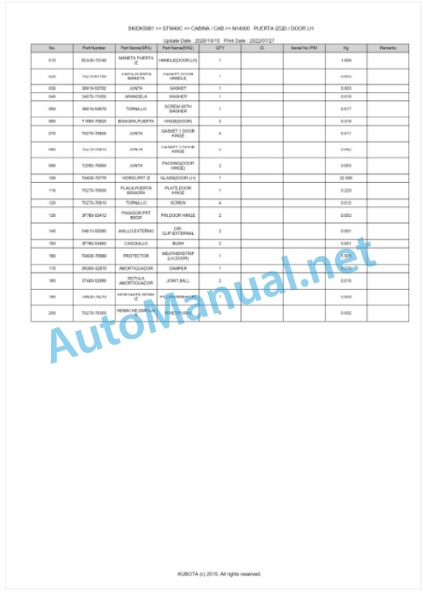 Kubota STW34, STW37, STW40 Parts Manual PDF BKIDK5081-5