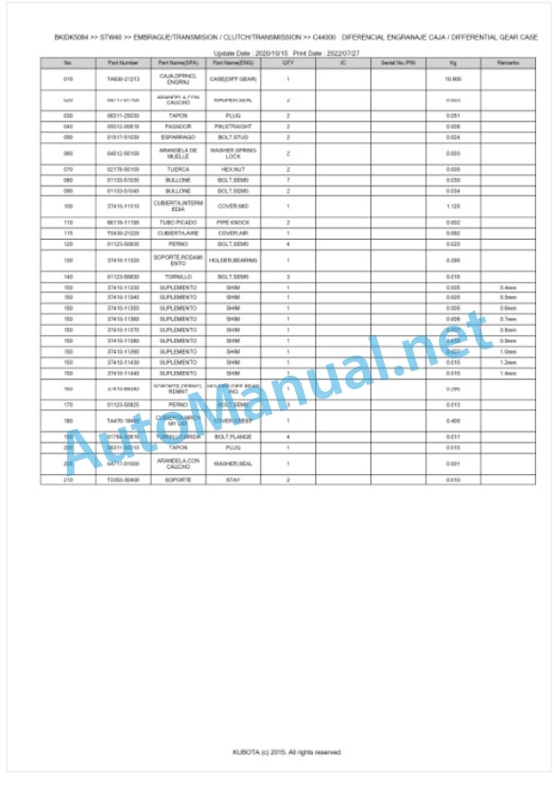 Kubota STW34, STW37, STW40 Parts Manual PDF BKIDK5084-3