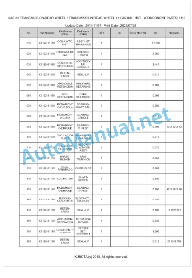 Kubota T1460 Parts Manual PDF BKIDK0392-4