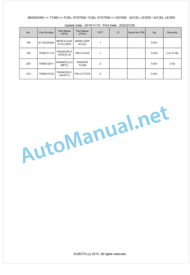 Kubota T1560 Parts Manual PDF BKIDK0393-3