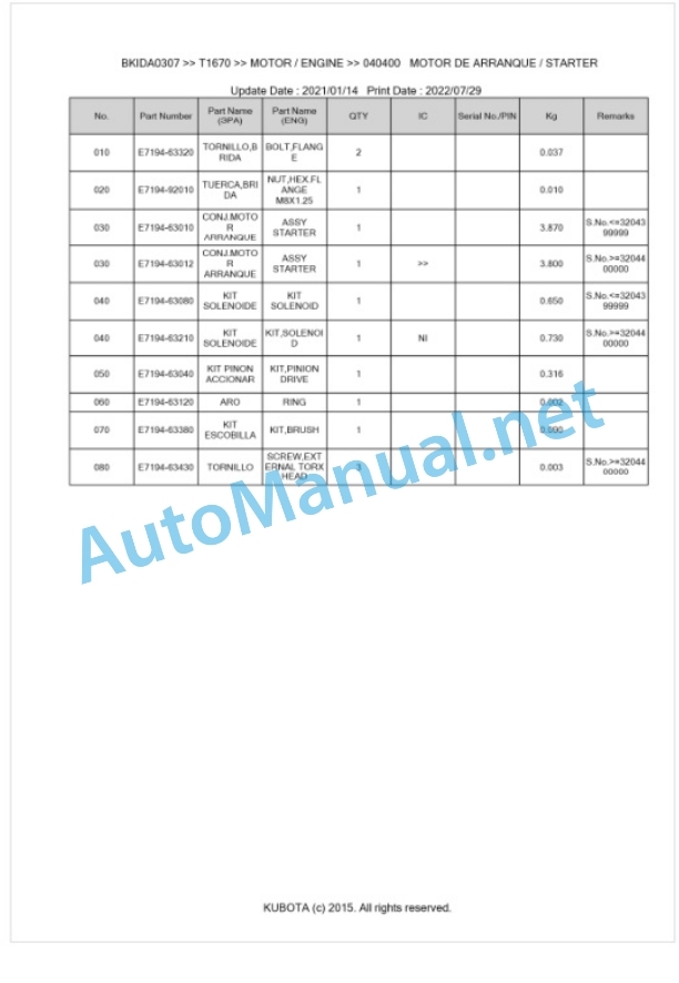 Kubota T1670 Parts Manual PDF BKIDA0307-2