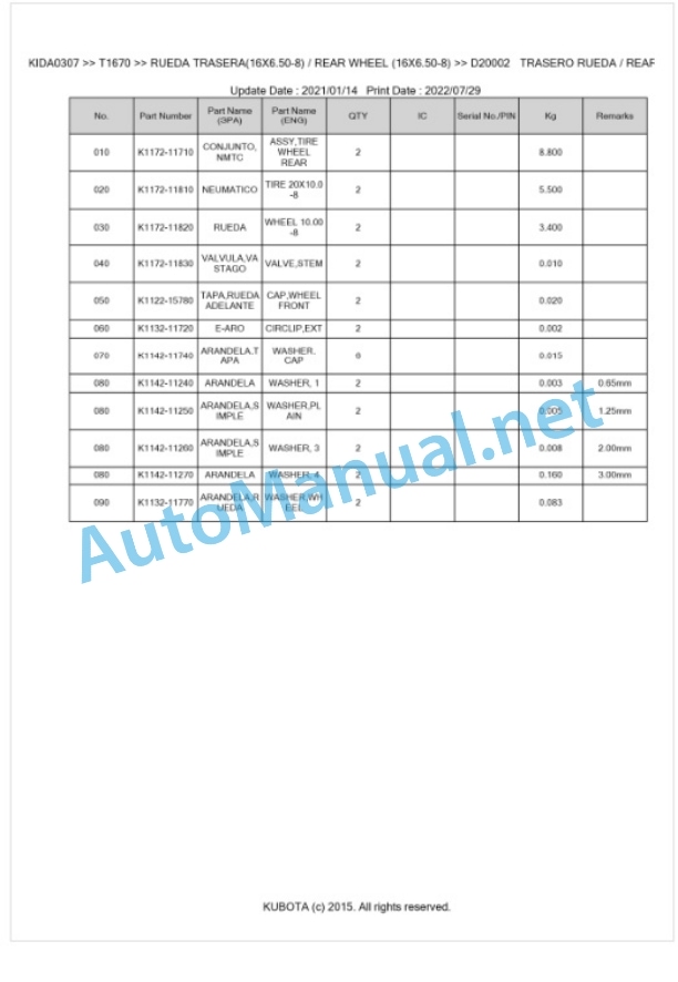 Kubota T1670 Parts Manual PDF BKIDA0307-4