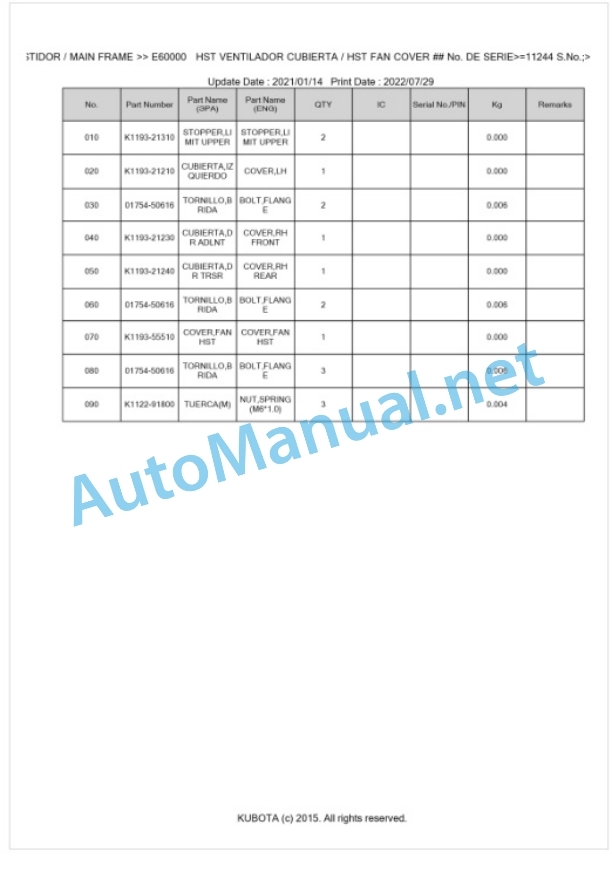 Kubota T1670 Parts Manual PDF BKIDA0307-5