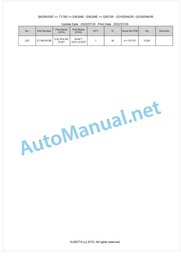 Kubota T1760 Parts Manual PDF BKIDK0397-2