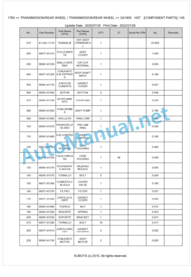 Kubota T1760 Parts Manual PDF BKIDK0397-4