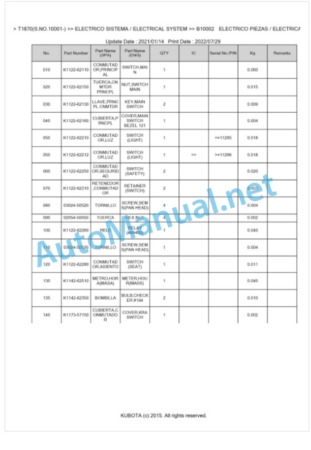 Kubota T1870 Parts Manual PDF BKIDA0308-3