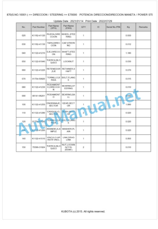 Kubota T1870 Parts Manual PDF BKIDA0308-5