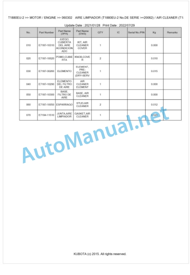 Kubota T1880EU-2 Parts Manual PDF BKIDA5080-3