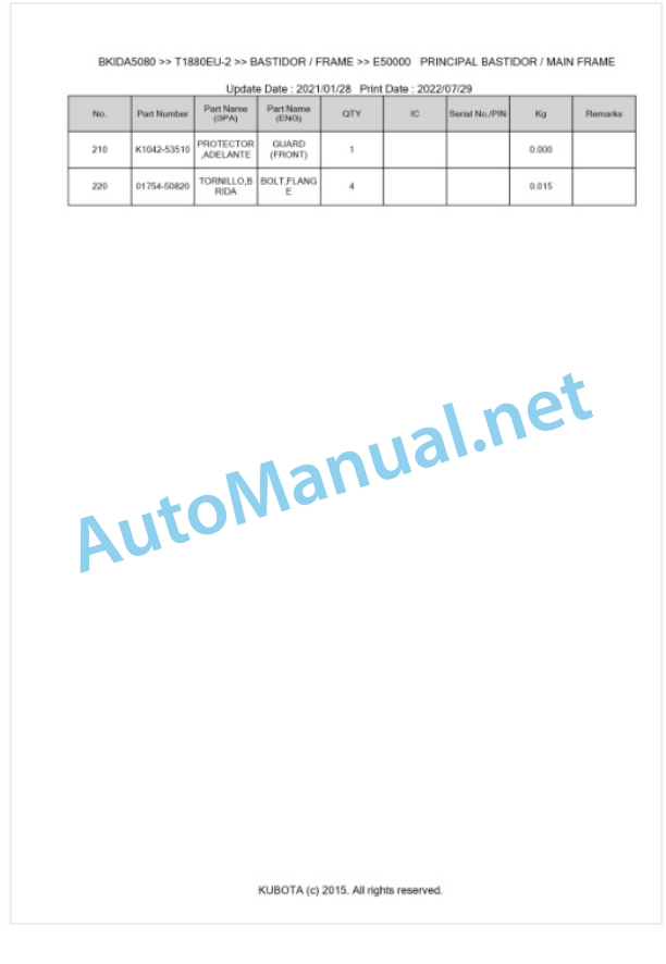 Kubota T1880EU-2 Parts Manual PDF BKIDA5080-5