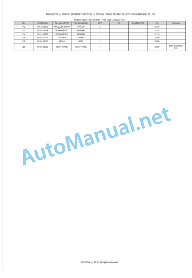 Kubota T450, T550 Fraise Arriere Parts Manual PDF BKIDA0237-3