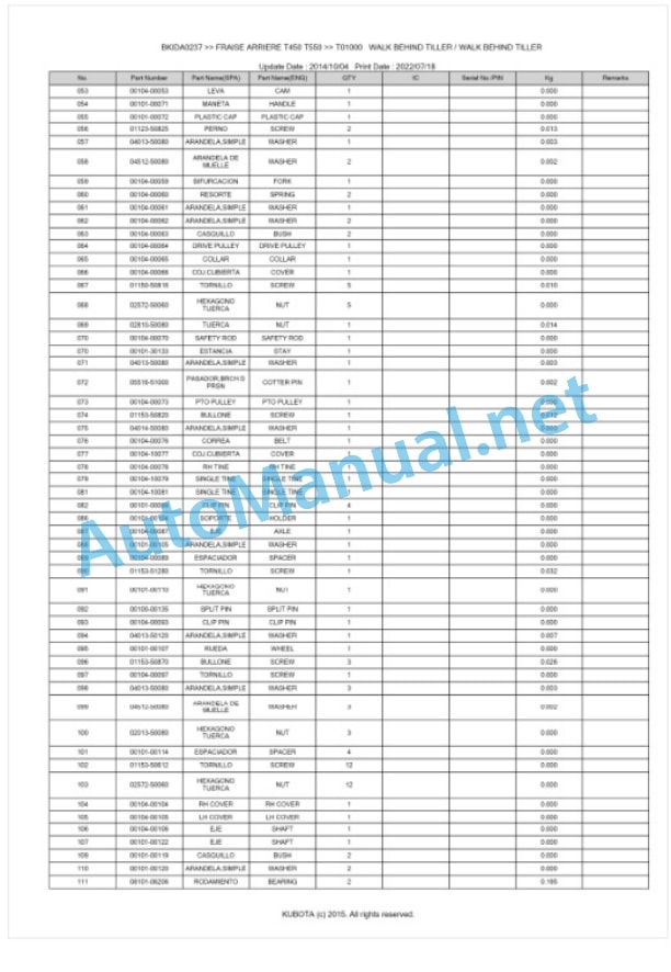 Kubota T450, T550 Fraise Arriere Parts Manual PDF BKIDA0237-4