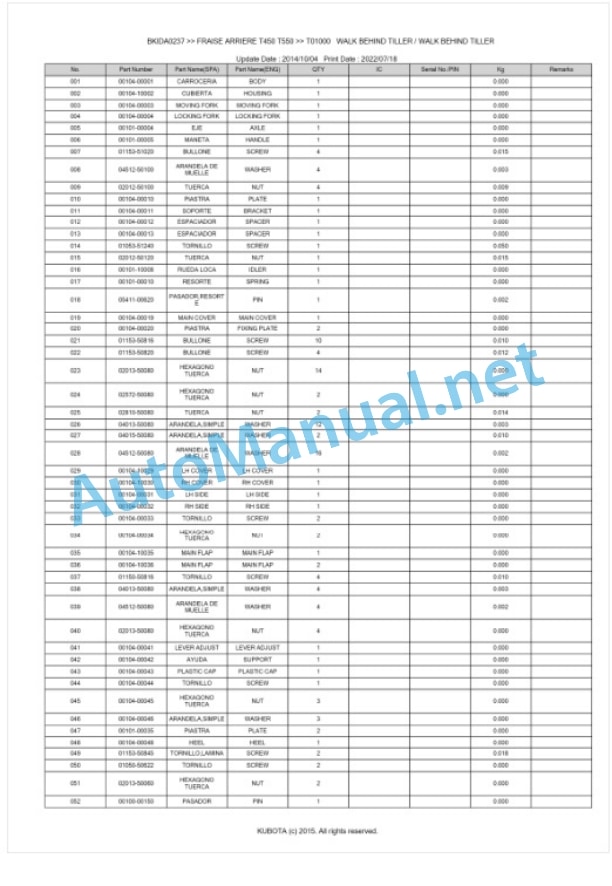 Kubota T450, T550 Fraise Arriere Parts Manual PDF BKIDA0237-5