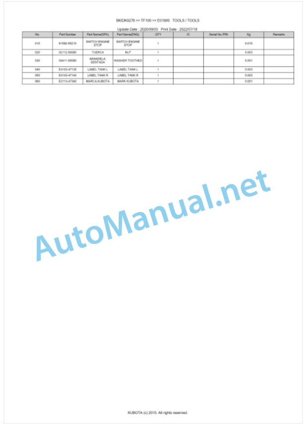 Kubota TF100 Parts Manual PDF BKIDK0267-4