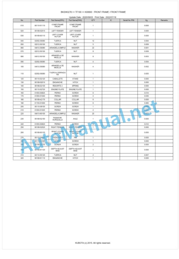 Kubota TF100 Parts Manual PDF BKIDK0267-5