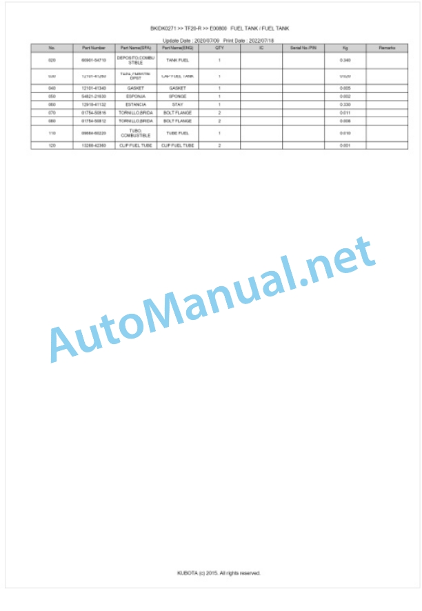 Kubota TF20-R Parts Manual PDF BKIDK0271-3