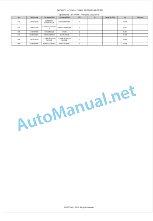 Kubota TF35 Parts Manual PDF BKIDK0272-2