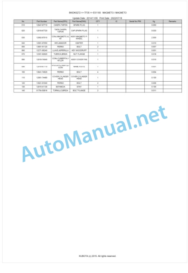 Kubota TF35 Parts Manual PDF BKIDK0272-4