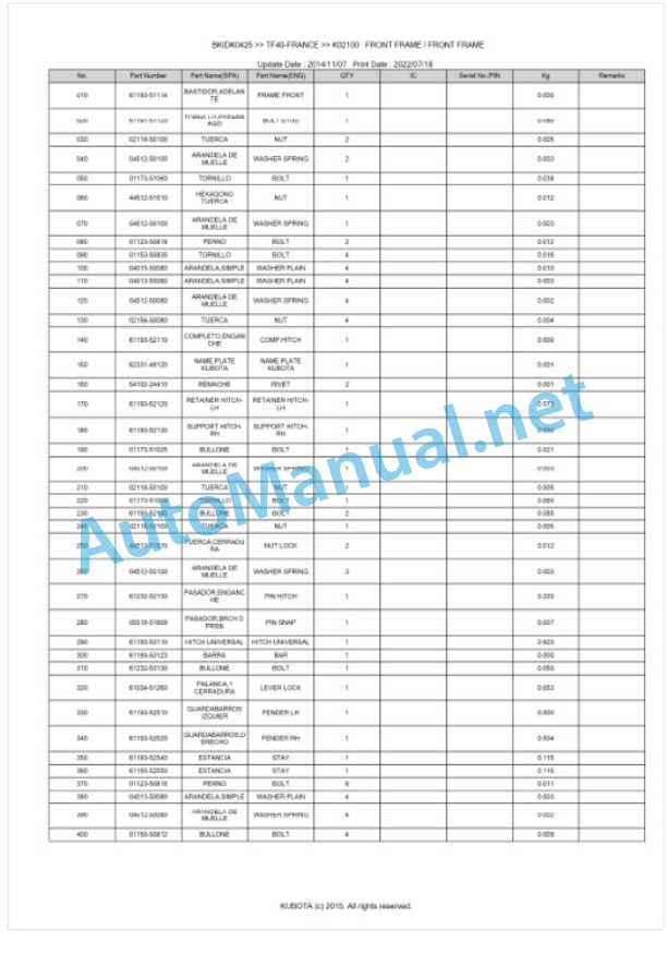 Kubota TF40-FRANCE Parts Manual PDF BKIDK0425-5