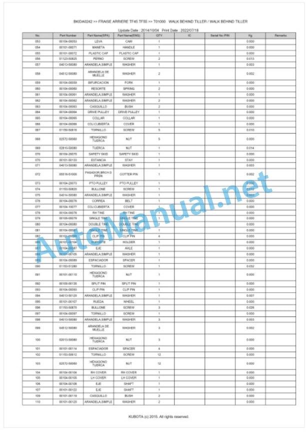 Kubota TF45, TF55 Fraise Arriere Parts Manual PDF BKIDA0242-4